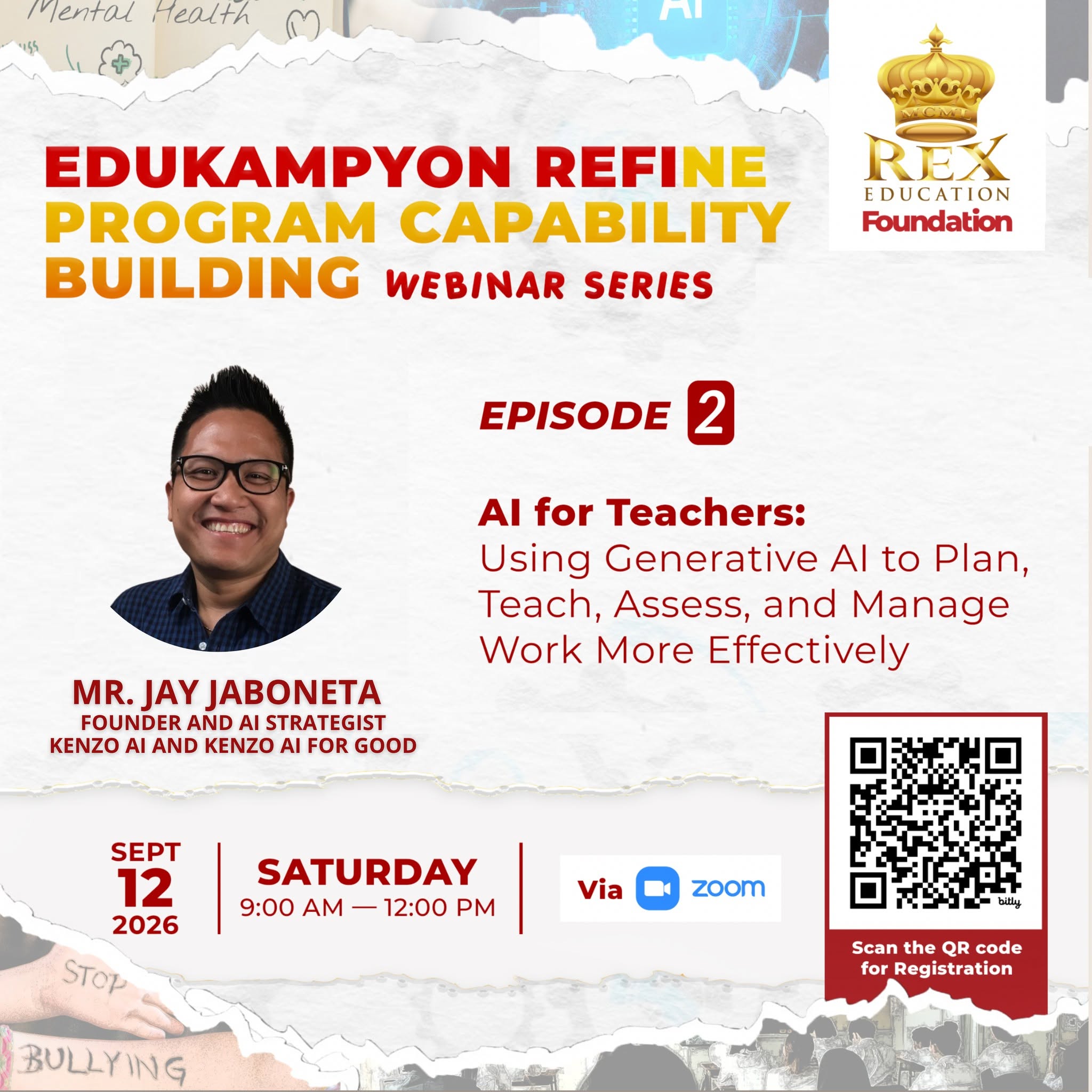 REX Education Foundation REFIne Webinar poster for AI for Teachers with Jay Jaboneta